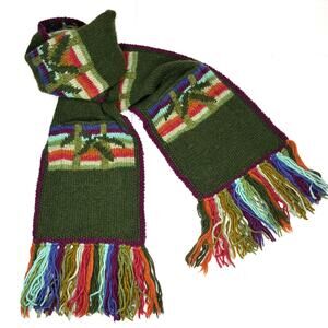 Green Striped Knit Wool Pocket Scarf Handmade in Nepal 9x63 Lost Horizons Boho